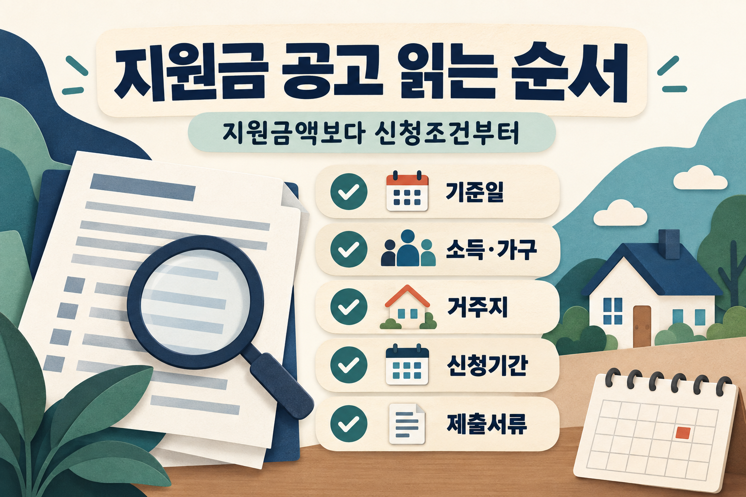 지원금 공고의 기준일, 소득·가구, 거주지, 신청기간, 제출서류를 확인하는 순서