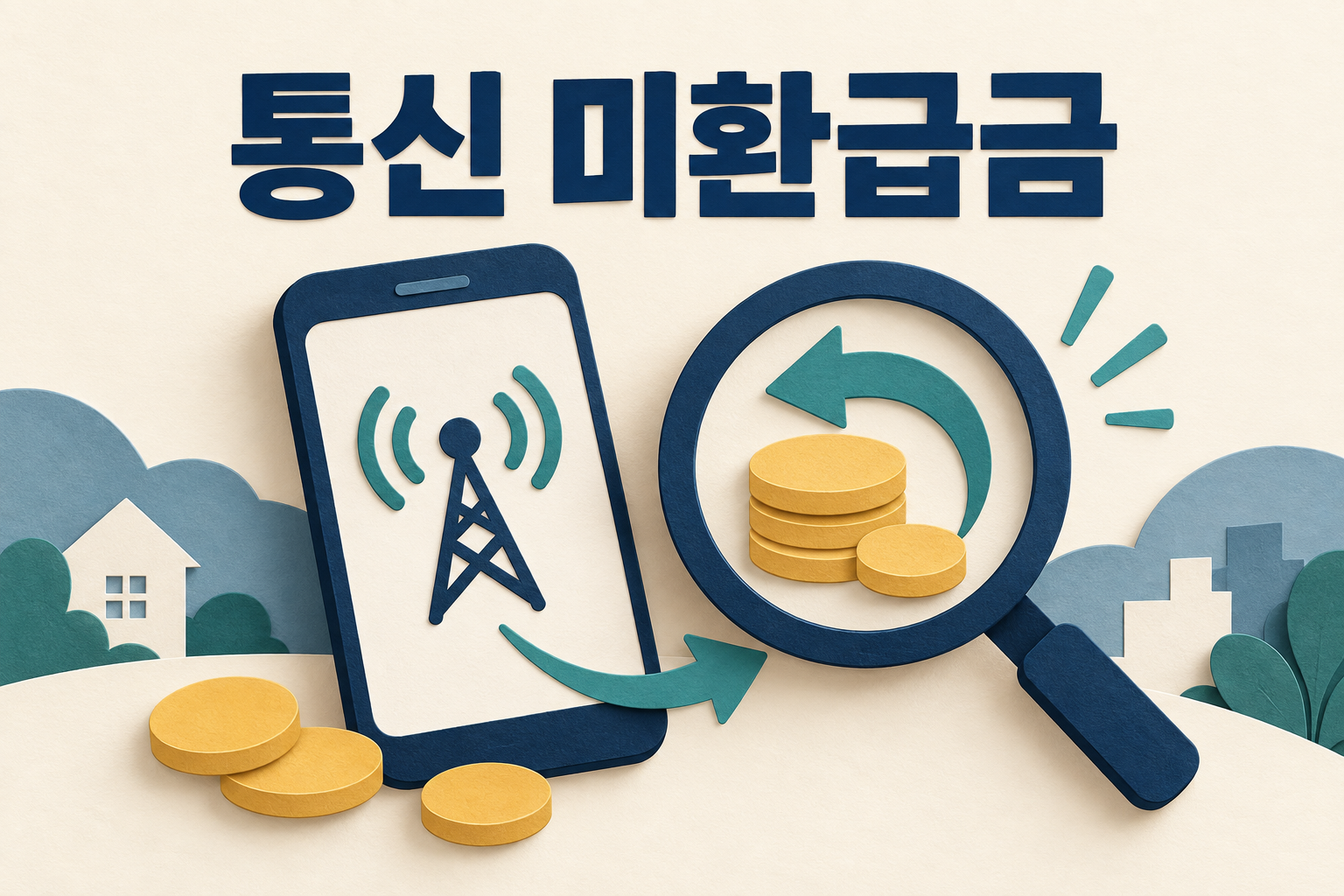 스마트폰과 돋보기, 반환 화살표로 표현한 통신 미환급금 설명 일러스트