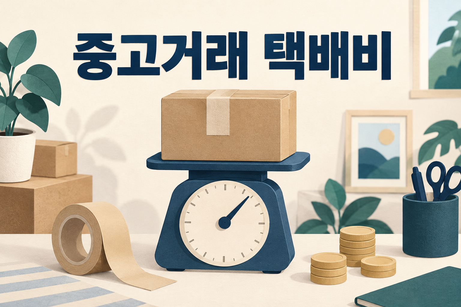 상자와 저울 및 동전으로 판매 실수령액 계산을 표현한 일러스트