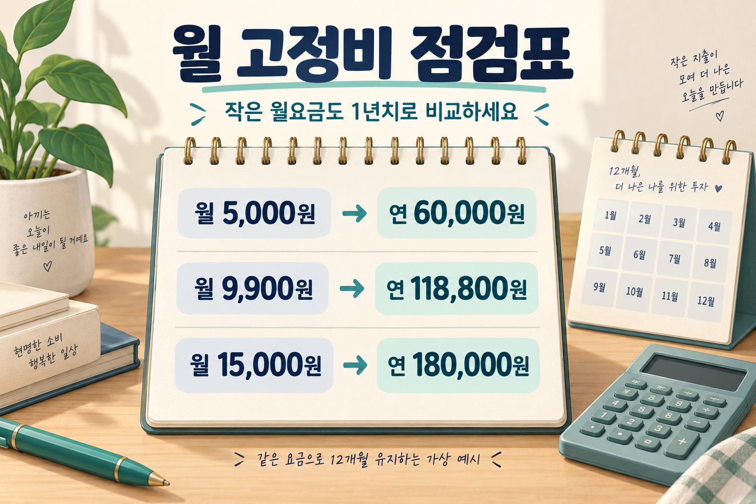 같은 요금을 12개월 유지할 때 월 5000원은 연 60000원, 9900원은 118800원, 15000원은 180000원인 가상 예시