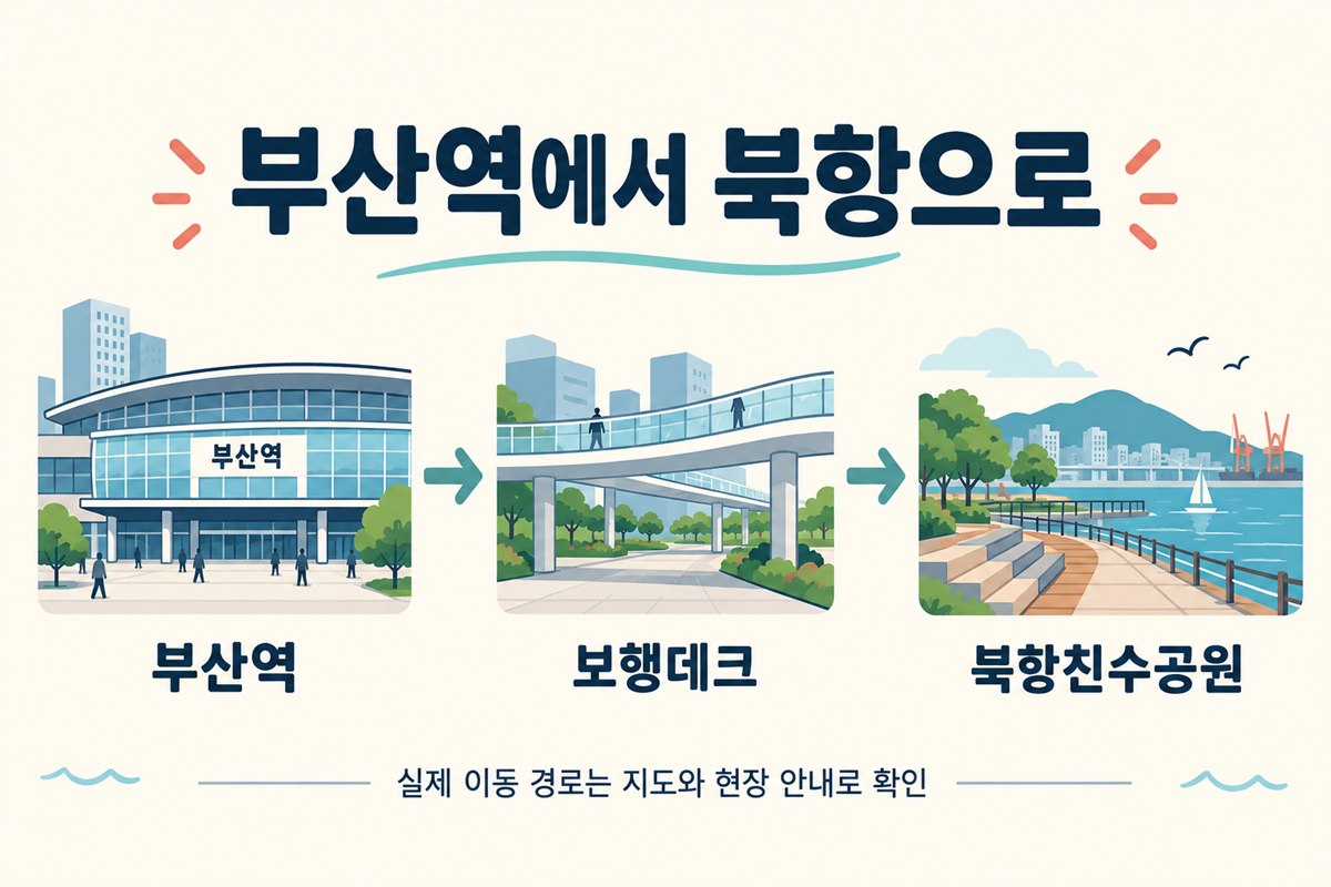 부산역에서 보행데크를 거쳐 북항친수공원으로 향하는 흐름을 나타낸 AI 설명 그림