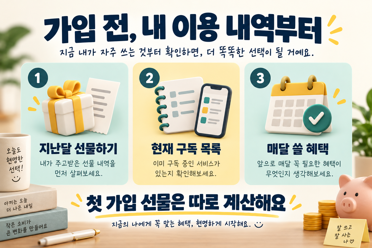 지난달 선물하기 내역과 현재 구독 목록, 매달 쓸 혜택을 확인하는 가입 전 점검 그림