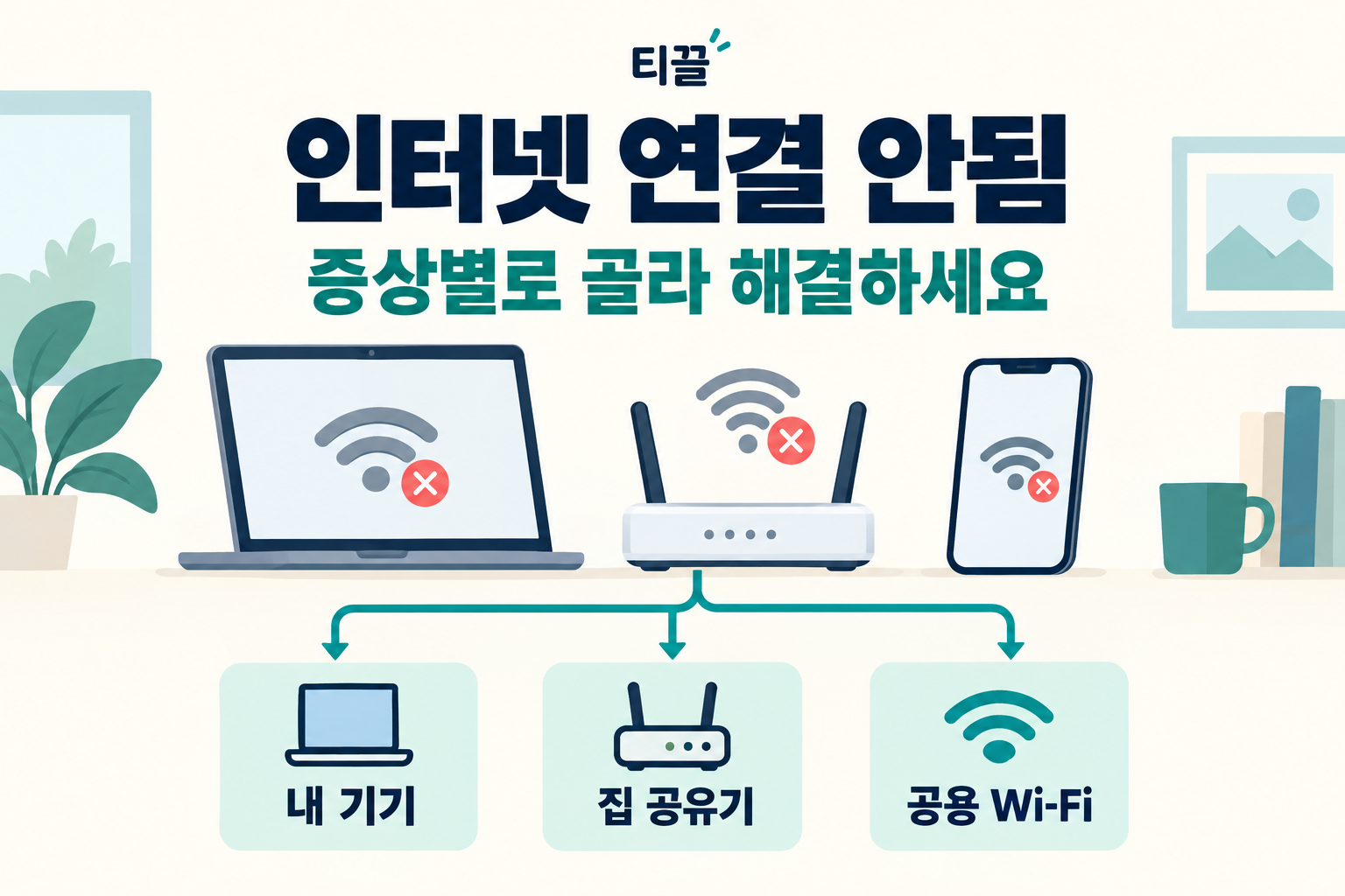 인터넷 연결 안됨을 내 기기, 집 공유기, 공용 와이파이로 나누어 점검하는 안내